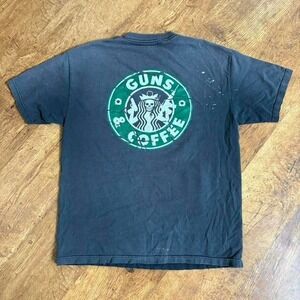 grunged out guns & coffee faded grey t-shirt with stains holes and bleach spots